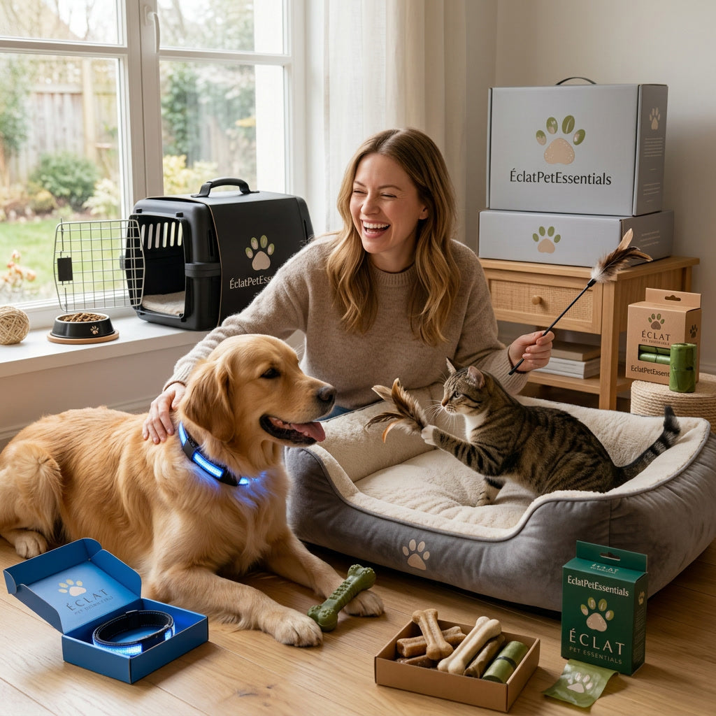 Happy pet owner with cat and dog enjoying Eclat Pet Essentials products