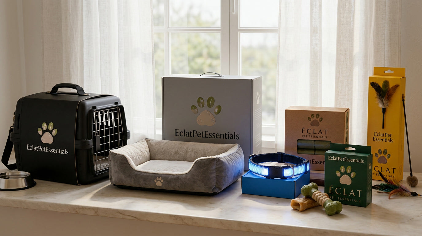 The full Eclat Pet Essentials accessory collection for cats and dogs